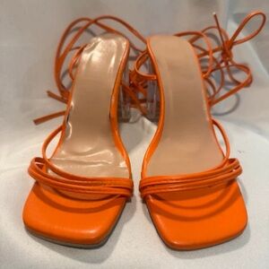 Orange Lace-Up Strappy Heeled Sandals
